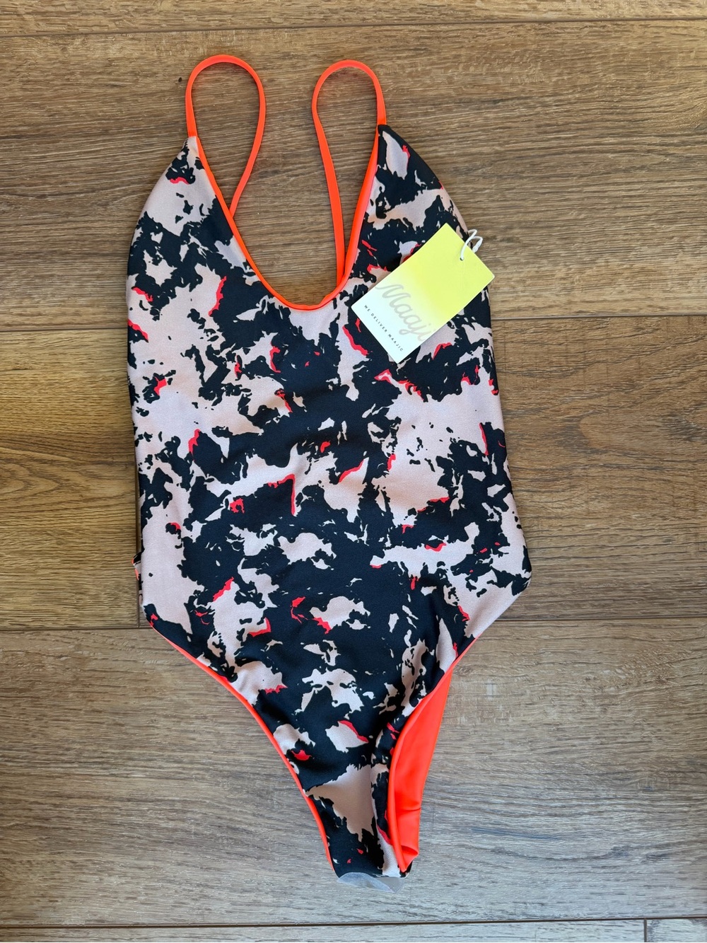 NWT Maaji Black, Tan, Orange Abstract One-Piece Swimsuit Reversible high cut / S